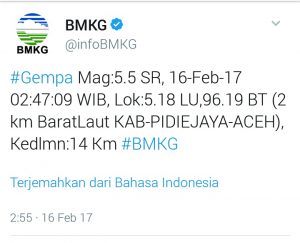 Gempa 5,5 SR guncang Pidie Jaya dirasakan hingga Banda Aceh