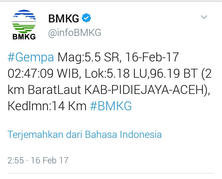 Gempa 5,5 SR guncang Pidie Jaya dirasakan hingga Banda Aceh