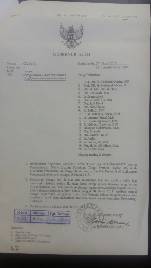 Besok, pejabat SKPA yang dimutasi harus kembalikan aset Pemerintahan Aceh