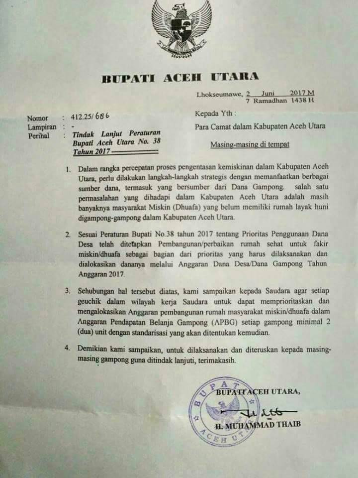 Pemkab Aceh Utara keluarkan surat edaran pembangunan rumah kaum dhuafa