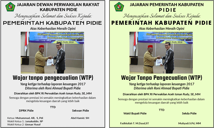 Ucapan Selamat Kepada Kabupaten Pidie meraih penghargaan WTP